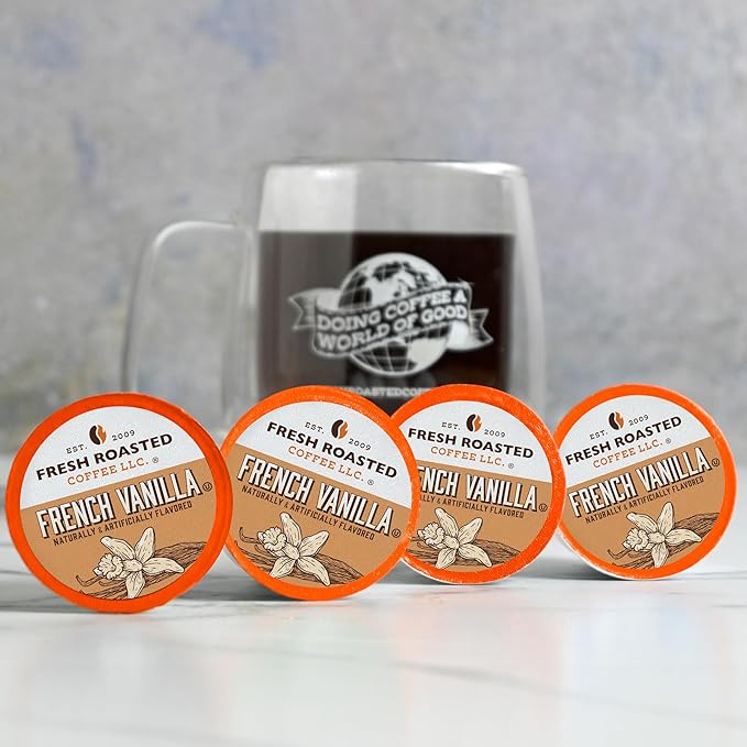 Fresh Roasted Coffee, French Vanilla, Flavored Coffee Pods, 24 Count