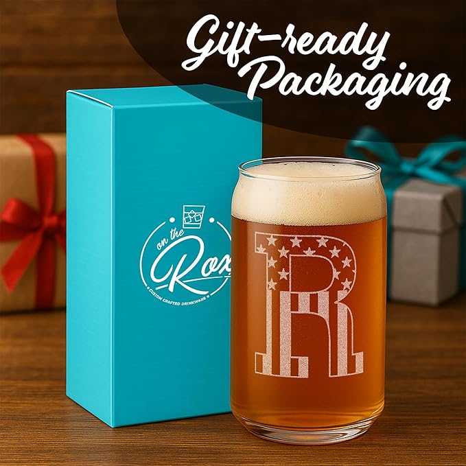 Monogram Beer Glasses for Men (A-Z) 16 oz - Beer Gifts for Men Brother Son Dad Neighbor - Unique Gifts for Him - Personalized Drinking Gift Beer Glass Mugs - Engraved Beer Can Glass (R)