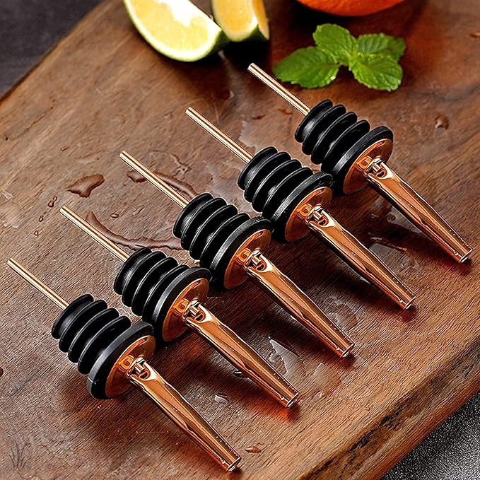 Stainless Steel Copper Liquor Pour Spouts Set - Tapered Speed Pours Nozzles with Rubber Dust Caps | Pourers For Alcohol, Olive Oil & Liquor Bottles | Bartender Accessories for Bar & Home Use