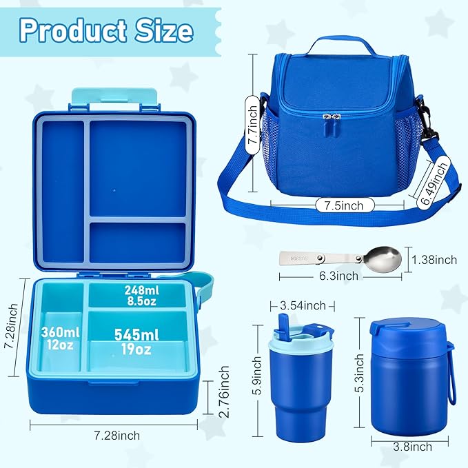 Bento Lunch Box for Kids with 17oz Soup Thermo,Insulated Tumbler Water Bottle and Insulated Lunch Bag,Leak-Proof 3 Compartment Lunch Food Container with Ice Pack for Kids to School-Blue