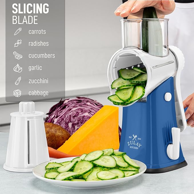 Zulay Kitchen Rotary Cheese Grater 5 Blade Cheese Shredder - Manual Hand Crank Cheese Grater With Reinforced Suction & 5 Interchangeable Drums - Easy to Use, Vegetable Chopper Round Mandoline Slicer