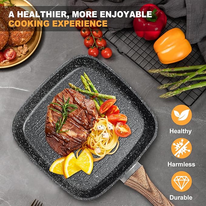 3 Pieces Nonstick Grill Pan Set – Square Griddle Pans with Wooden Handle, Compatible with All Stovetops, Perfect for Steak, BBQ, Vegetables (9.5", 10.2", 11") Deep Black
