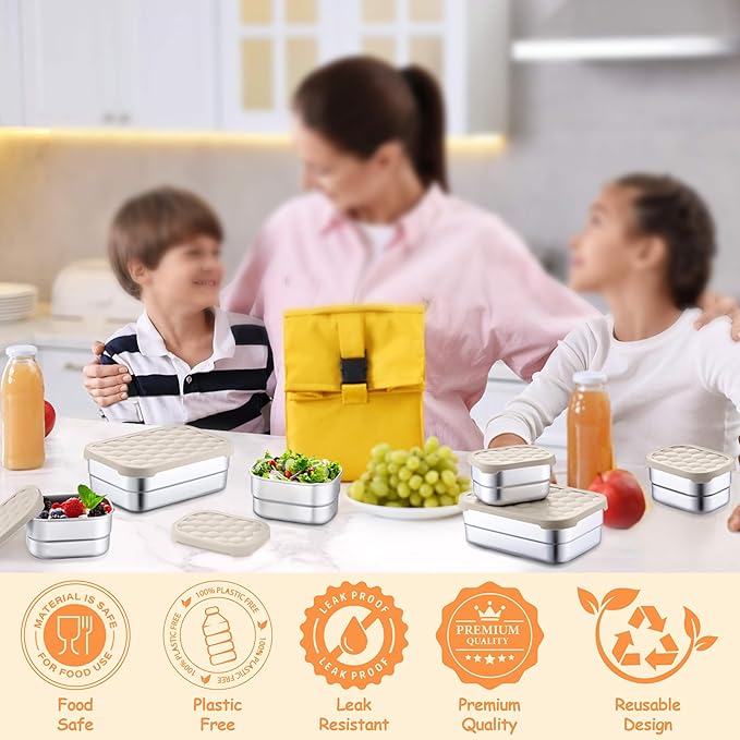 Homikit 3 Pack Kids Lunch Box Set, 18/10 Stainless Steel Bento Boxes with Silicone Lids Leak Proof, 5 Cups Reusable Metal Food Snack Containers for School Daycare, Nontoxic & Dishwasher Safe, Khaki
