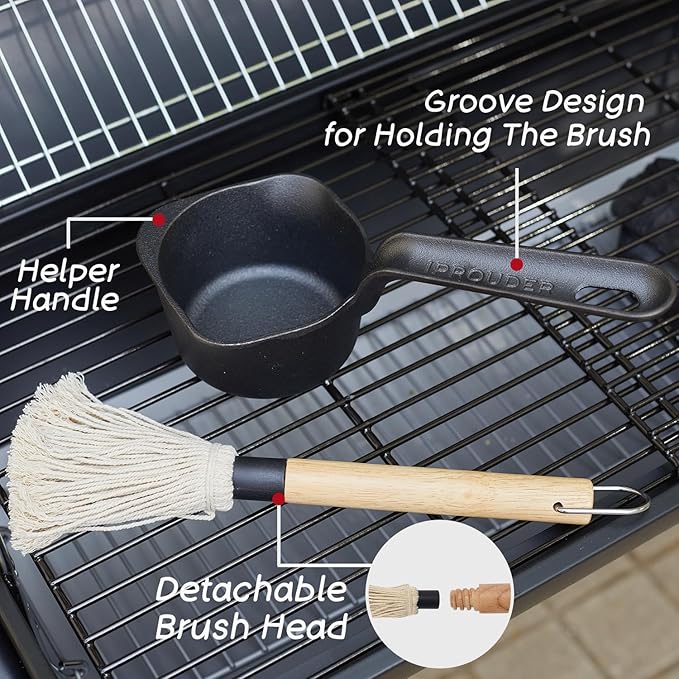 Cast Iron Sauce Pan and Basting Pot with BBQ Mop Brushes - Cast Iron Small Sauce Pots 2 Pcs for Grilling, Melting, Camping Cooking & Stoves - Mini Pot for Butter Melter