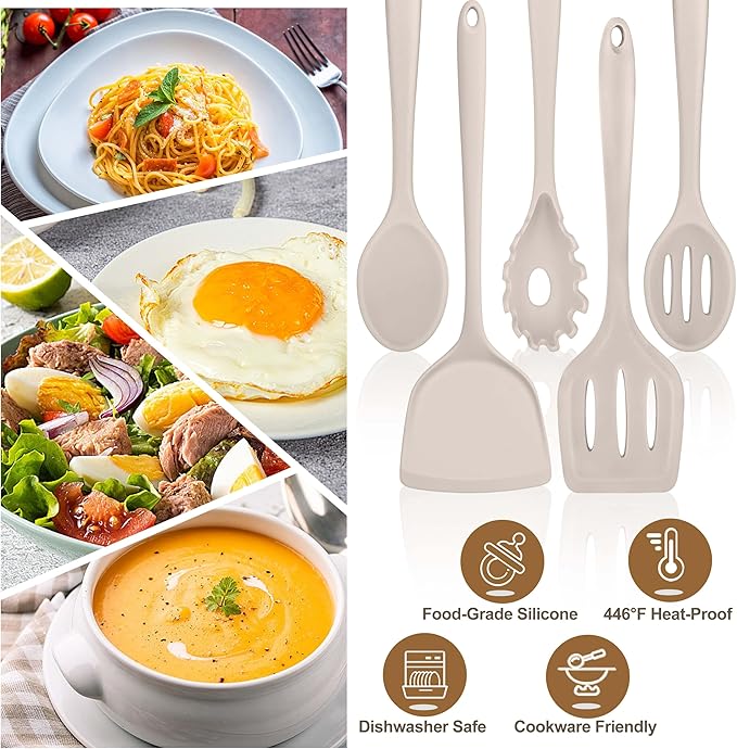 TeamFar Silicone Cooking Utensils Set, 5-Piece Heat Resistant Kitchen Utensils Set, Nonstick Slotted Solid Spoon Turner Pasta Server for Frying, Serving, Mixing, Non-Toxic & Dishwasher Safe, Khaki