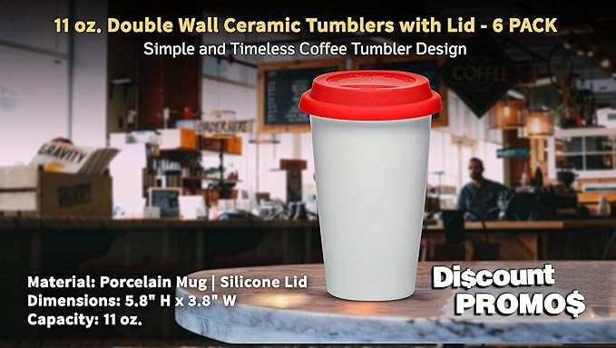 DISCOUNT PROMOS 11 oz. Double Wall Ceramic Tumblers with Lid - 6 Pack - Red
