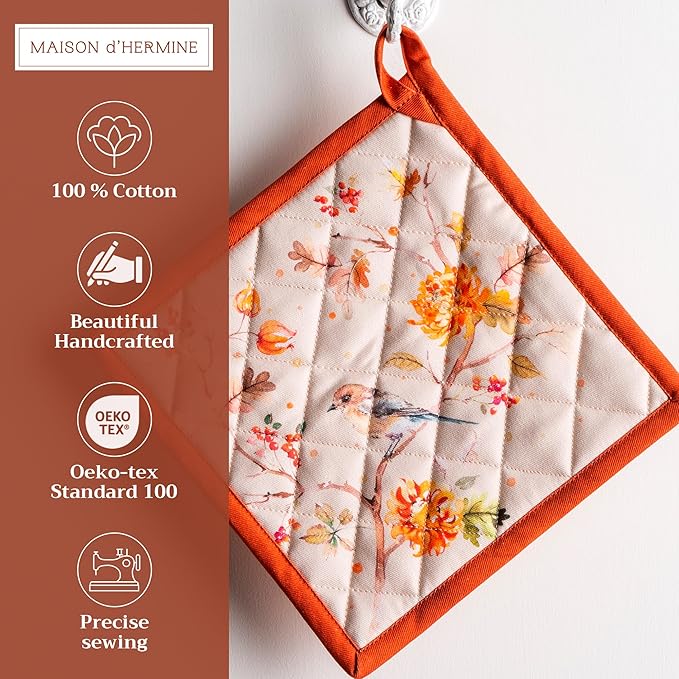 Maison d' Hermine Pot Holders Set 100% Cotton Heat Resistant Potholders 8" x 8" Hot Pads with Loop for Thanksgiving Christmas Decorations BBQ Baking Handling Hot Pans (Pack of 2, Kelim - Prairie)