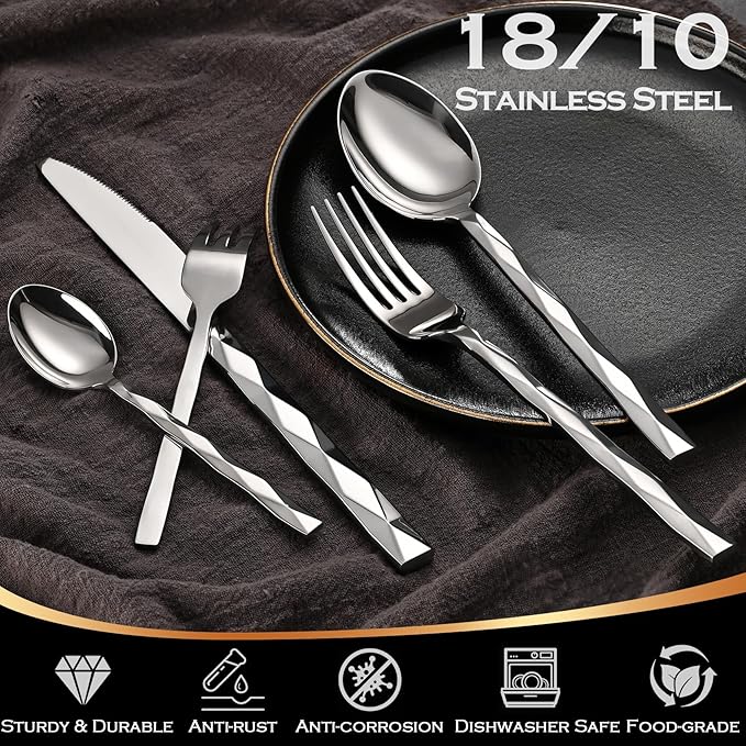 Silverware Set, Luxury 20-Piece Flatware Set for 4, Cutlery Set Stainless Steel, Diamond Cut Pattern, Home, Wedding & Party, 18/10 Stainless Steel Tablewaret & Dishwasher Safe Utensils.