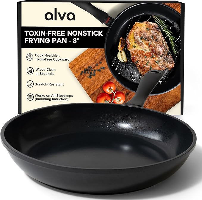 Alva Energy Nonstick Ceramic Frying Pan 8" - Lightweight, Easy to Clean and Made without PFAS, PFOA & PTFE - Induction and All Stovetop Compatible with Even Heat Distribution