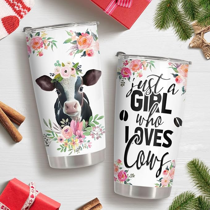 34HD Just A Girl Who Loves Cow Tumbler with Lid, 20 oz Stainless Steel Farm Animal Drinking Cup, Cow Gifts for Women on Birthday, Christmas, Mothers Day, Annivesary