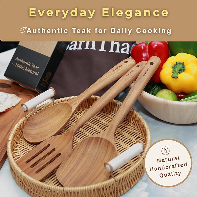 SarnThai Premium Teak Kitchen Utensil Set – 3 Piece Handmade Wooden Spatula & Spoon, Eco-Friendly Teak Cooking Tools for Nonstick Pans, Wooden Spoons for Cooking