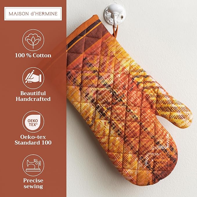Maison d' Hermine Oven Gloves 100% Cotton Oven Mitt 7" x 13" with Loop Heat Resistant Cooking Gloves for Thanksgiving Christmas Decorations Baking Handling Hot Pans (Pack of 1, Thanksgiving Tartan)