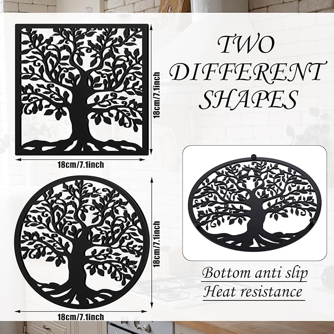 2 Pcs Cast Iron Trivet for Hot Dishes 7.1 Inch Metal Tree Trivet Set Dutch Oven Accessories Decorative Heat Resistant Tree Trivets with Rubber Feet Caps and Ring Hanger for Hot Pots and Pans