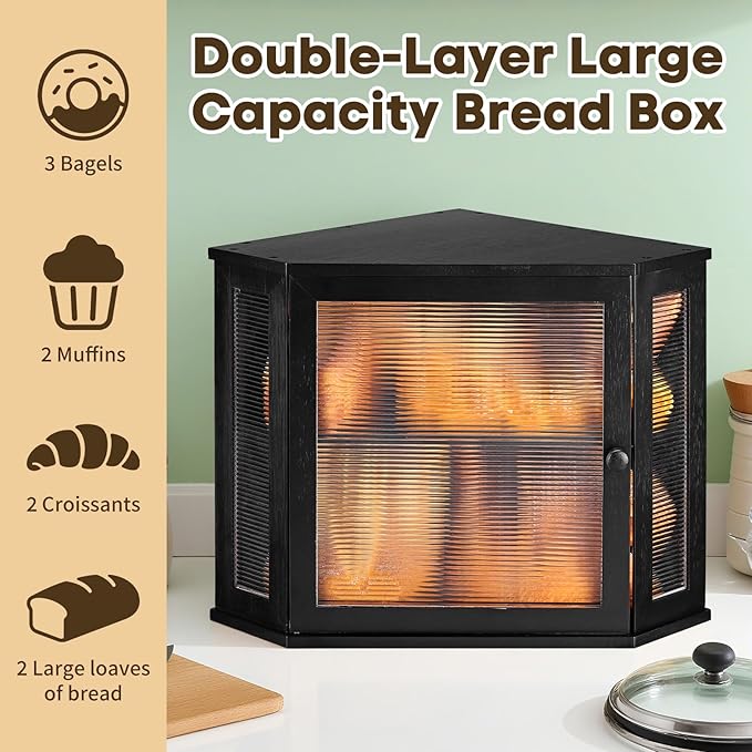 Corner Bread Box for Kitchen Countertop - Bamboo Large Capacity Bread Storage Bin with Acrylic Wavy Door Panel,Bread Box Under Cabinet (Black,Medium)