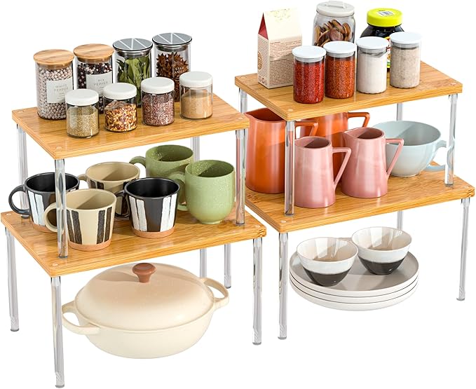 Jolitac Cabinet Organizer Shelf - Set of 4 Clear Acrylic Spice Rack, Stackable Pantry Storage Shelves for Kitchen Counter, Bathroom, Desk - Multi-Purpose Bamboo Space Saving Shelves, Easy Assembly