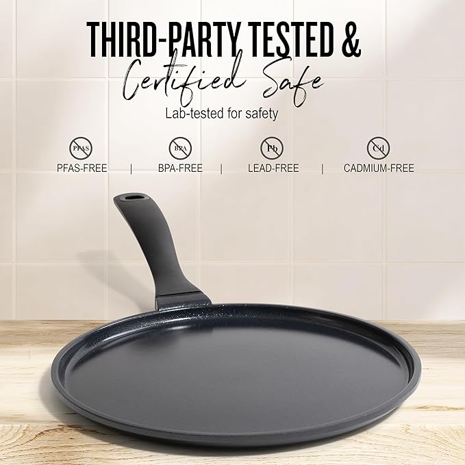 Alva Energy 11″ Ceramic Nonstick Crepe Pan – No PFAS/PFOA/PTFE, Ultra‑Low Oil Release, Works on Gas/Electric/Induction, Lightweight & Easy Cleanup & Stay-Cool Handle