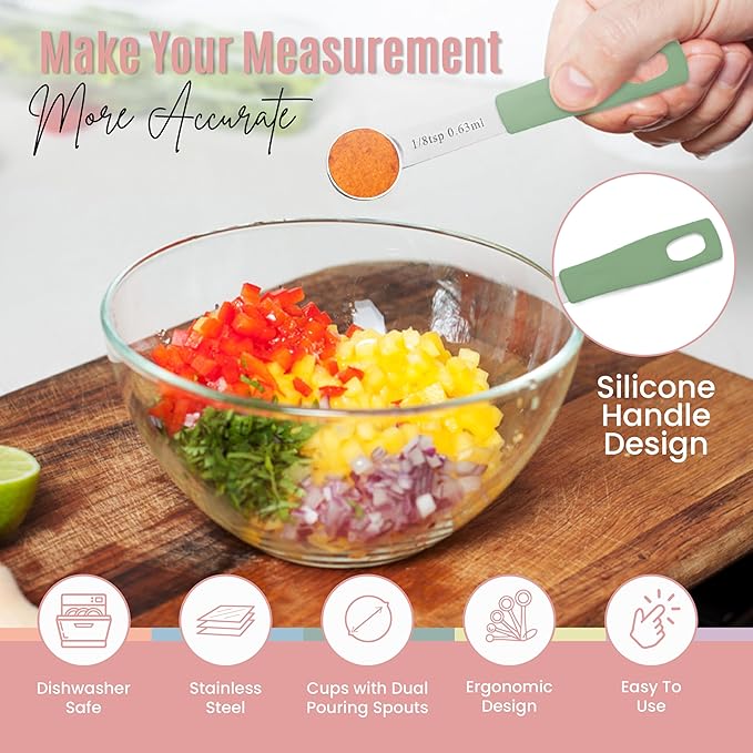 Nextop 14-Piece Stainless Steel Measuring Cups and Measuring Spoons Set with All Stackable Sizes and Leveler for Dry Ingredients, Complete Set for Kitchen & Baking Measuring Tools (Peach Set)