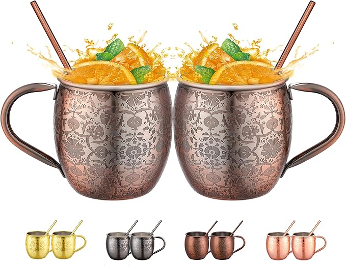 Moscow Mule MugsSet of 2-18 Oz Copper-Plated Fine Craftsmanship Etched Mugs,304 Stainless Steel-Lined Mule Cups,For Cold Drinks, Beer, Wine, Bars, Parties