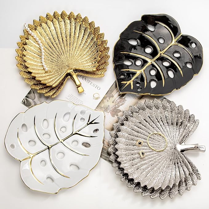 Ceramic Leaf Shaped Decorative Tray, White Gold Monstera Leaf Plate 12.6"x11" for Jewelry, Keys, Snack, Candle Holder, Modern Table Centerpiece Home Decor