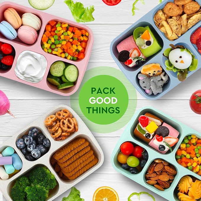 Bento Lunch Boxes - Reusable 5-Compartment Food Lunchables Containers, Snack Boxes For Adults Container for School, Work, and Travel, Set of 4 (Wheat)