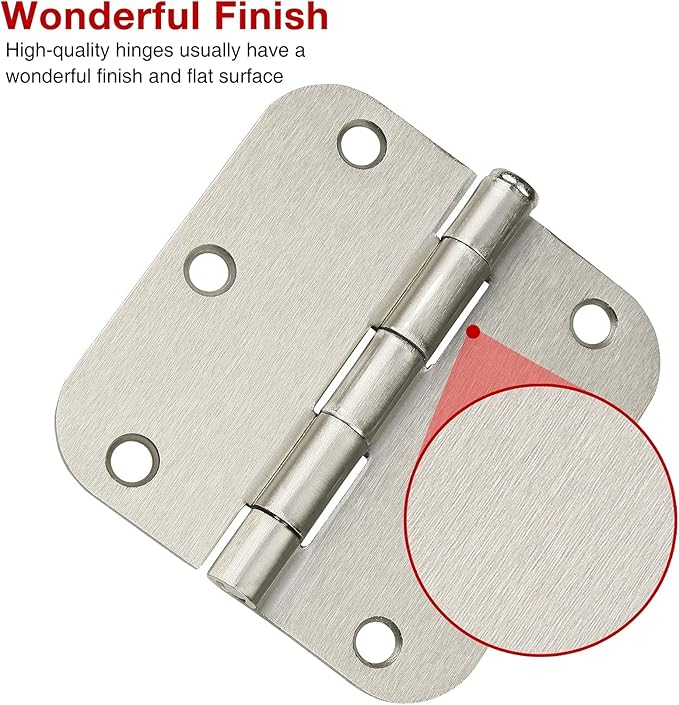 24 Pack Interior Satin Door Hinges Brushed Nickel 3.5 Inch x 3 1/2" 5/8" Rudius Rounded Heavy Duty Metal Iron Hinge 3 ½ Bifold Standard Doors Hardware Fittings for Flat,Bed/Storage/Basement Room