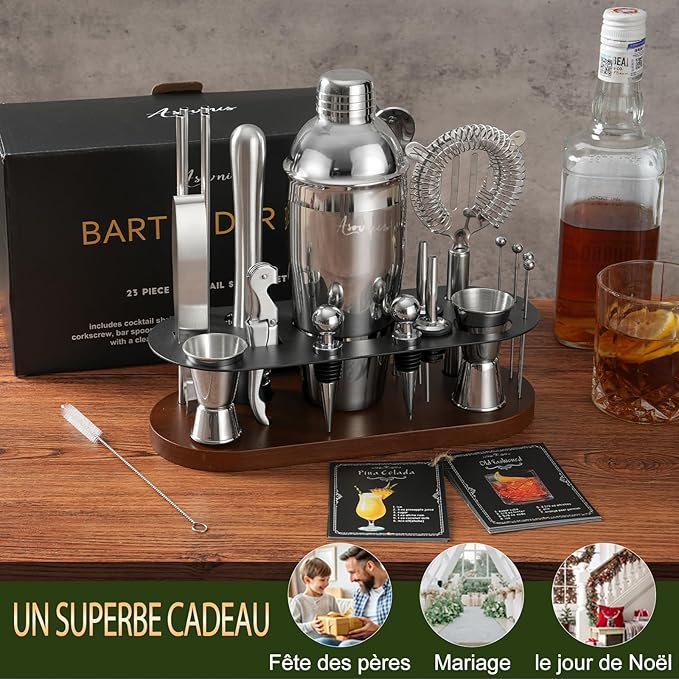 23-Piece Bartender Kit, Cocktail Shaker Set with Stand | Bar Drink Mixer Set with All Essential Bar Tools: Martini Shaker, Jigger, Strainer, Pourers, for Home, Bar, Party (Chocolate-y)