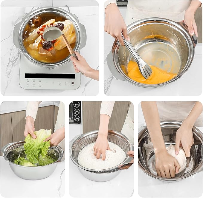 304 Stainless Steel Microporous Colander with Handle, Rice Washers Microporous Strainer Set For washing vegetables, fruits and rice, and draining cooked pasta.
