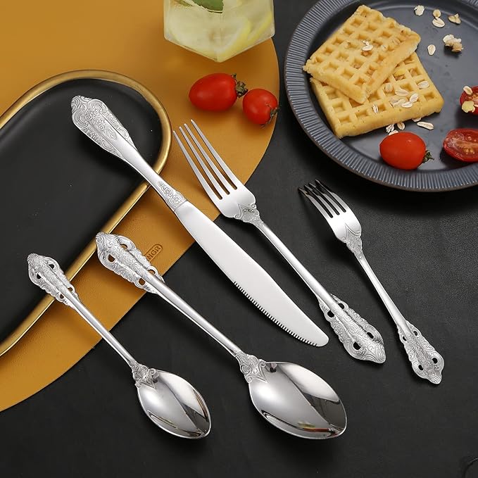 Antique Silverware Set for 8 Silvery Royal Flatware Stainless Steel 40 Pieces Eating Utensils Vintage Fork Knife Spoon Luxury Home Kitchen Restaurant Festival Parties