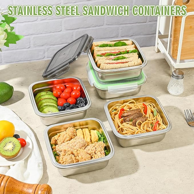3 Pack Sandwich Containers, 24oz Stainless Steel Sandwich Box with Airtight Lids, BPA-Free, Dishwasher Safe, Durable & Reusable Metal Meal Prep Lunch Boxes for Fruits, Snacks, Bento (Black)