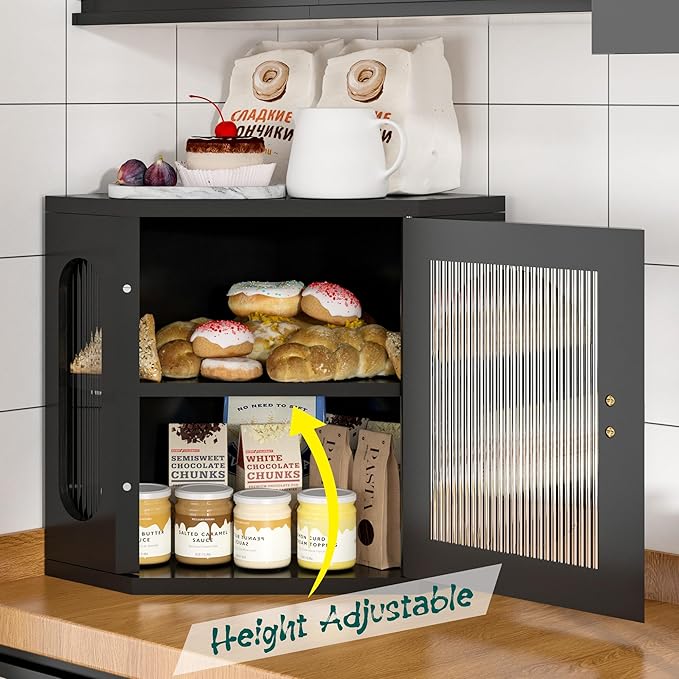 Corner Bread Box for Kitchen Countertop, Large Wooden Bread Box, Double Layer Bread Storage Bin, Bamboo Breadbox for Homemade Bread, Farmhouse Kitchen Organizer with Acrylic Window, Black