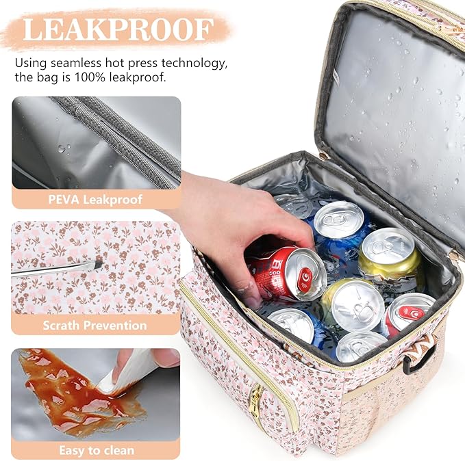 LOKASS Lunch Box for Women-16L-Insulated Lunch Bag Women, Expandable Double-layer Leakproof Cooler Bag with Upgrade Adjustable Shoulder Strap Ideal for Work/Travel/Picnics（White Flower）