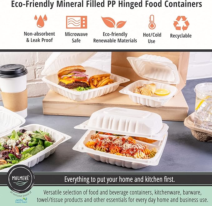 MULMEHË Mineral Filled Polypropylene Plastic Hinged Take Out Food Containers, 8x8x3, Vented Single Compartment, Natural White, 200 per Case