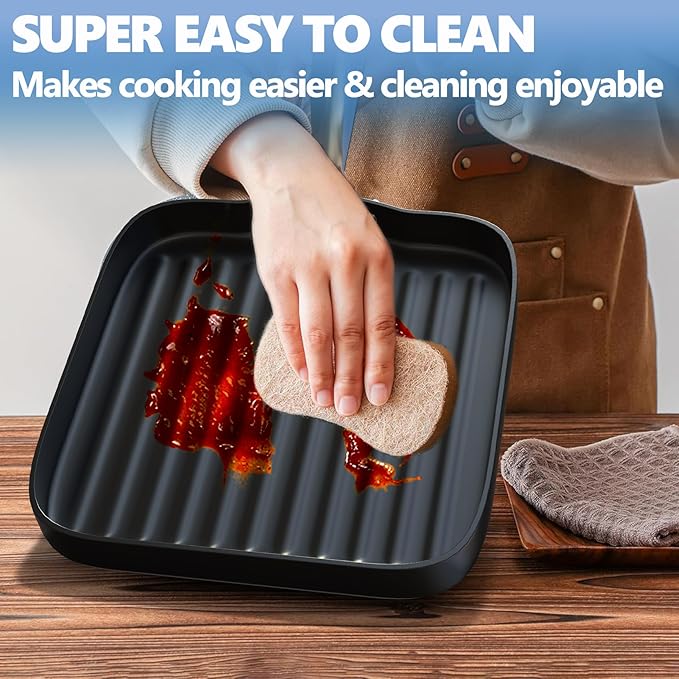 SafBbcue Square 11” Ridged Grill Pan - Non-Stick Ceramic Coated, Durable Skillet Indoor & Outdoor Grilling, Oven Gas & Induction Safe, for Weber Charbroil Camp Chef Grill, Black