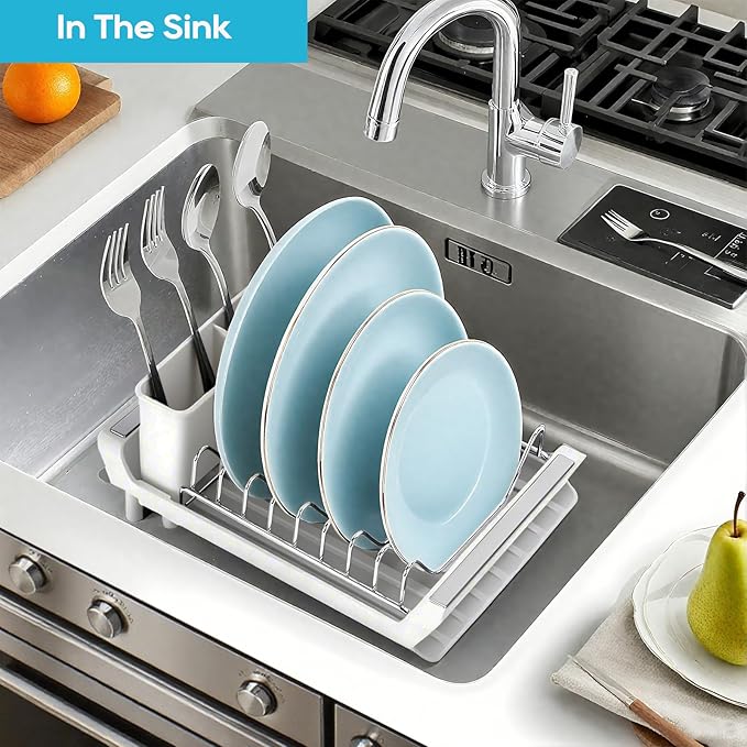 Small Expandable Dish Drying Rack – Compact & Space-Saving – No Spout, No Leaks – Durable, Rust Resistant & Easy to Clean – Ideal for Kitchens, Apartments & RVs – Extend 10.9 to 18.6 inches (White)