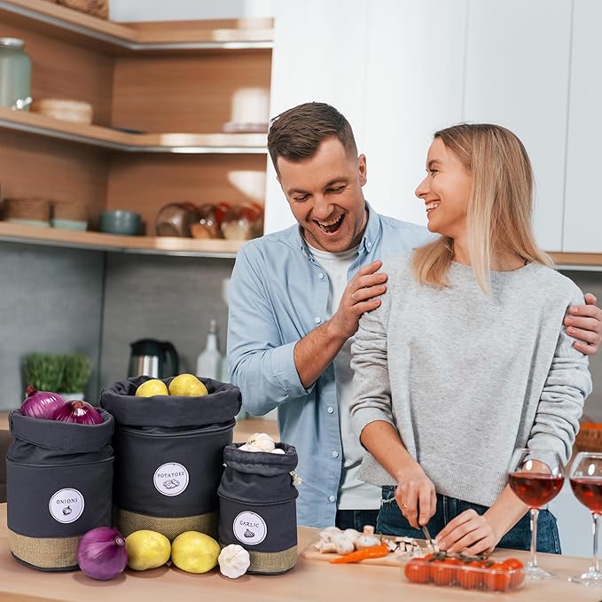 Meraki Home Potato Onion Garlic Storage Containers - Farmhouse Kitchen Storage Organization Pots - Sustainable Jute Cotton Vegetable Baskets Bins - Drawstring Holder (Grey)