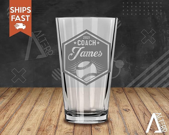 Baseball Coach Beer Glasses - Baseball Coach Gifts Personalized Coach Pint Glass Engraved Coach Award Baseball Beer Glass End of Season Gifts Coach (Baseball, Single Pint Gift Box)