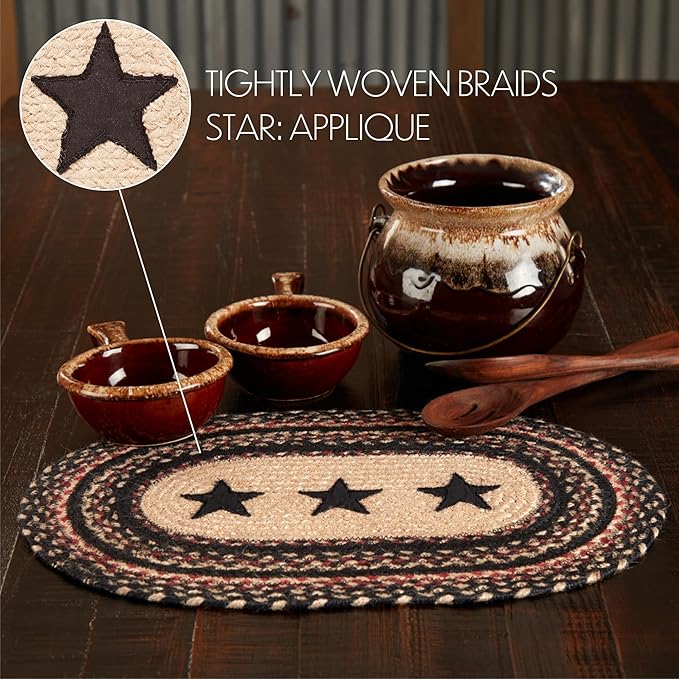 VHC Brands Primitive Colonial Star Table Placemat, Tan Black Red, Jute Blend, Oval, 12x18 Inches