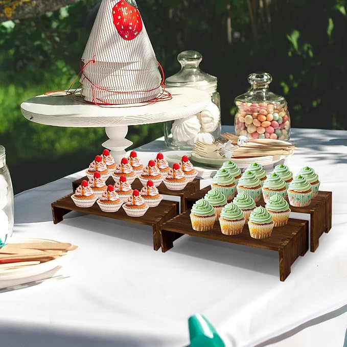 Large Display Riser Wood Risers Cupcake Stand 2 Tier Racks Decorative Rectangular, 2 Set 4 Piece Cologne Perfume Organizer Dessert Stands for Vendors Event