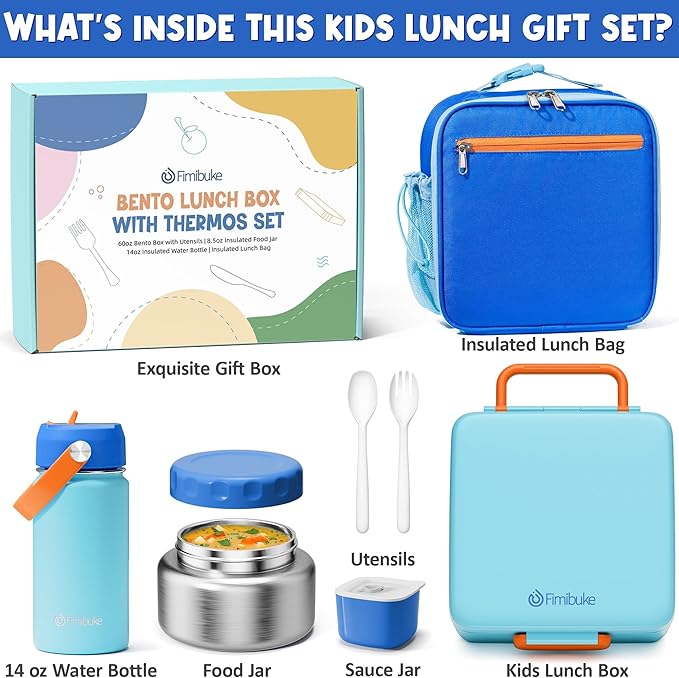 Fimibuke Kids Bento Lunch Box, Leakproof Toddler Bento Box with 8.5 OZ Insulated Food Jar, Lunch Bag, Kids Water Bottle, 3 or 4 Compartment Container for Back to School Toddler Girls Boys