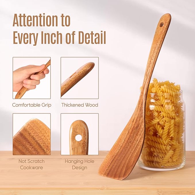 7 PCS Wooden Spoons for Cooking Natural Teak Kitchen Utensils Smooth Non-Stick Surface Cooking Utensils Set Soft Comfort-Grip Wooden Utensils for Cooking