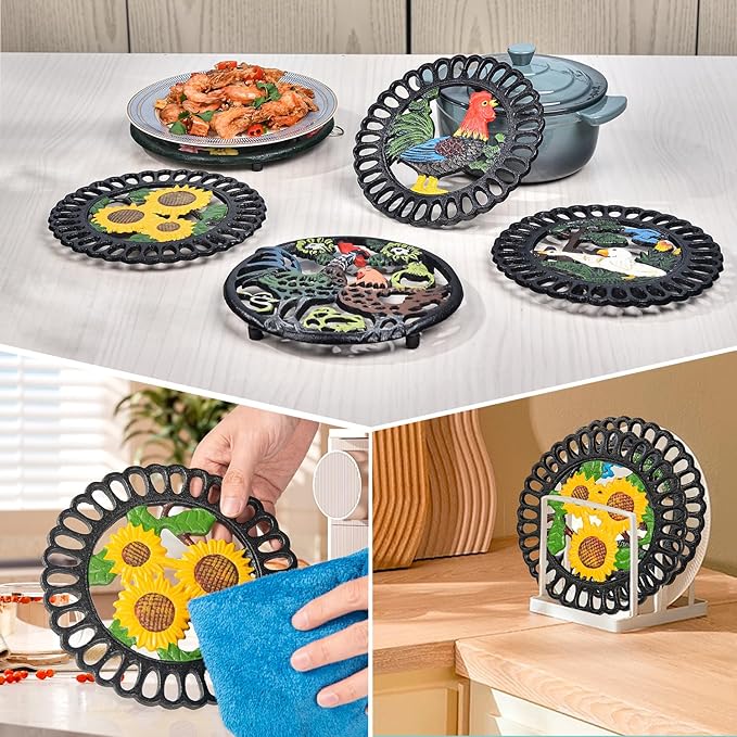 Sungmor Heavy Duty Cast Iron Trivet,Decorative Painting Trivet for Kitchen or Dinning Table,7.5x7.5 Inch - Round with Vintage Lovely Sunflower Pattern