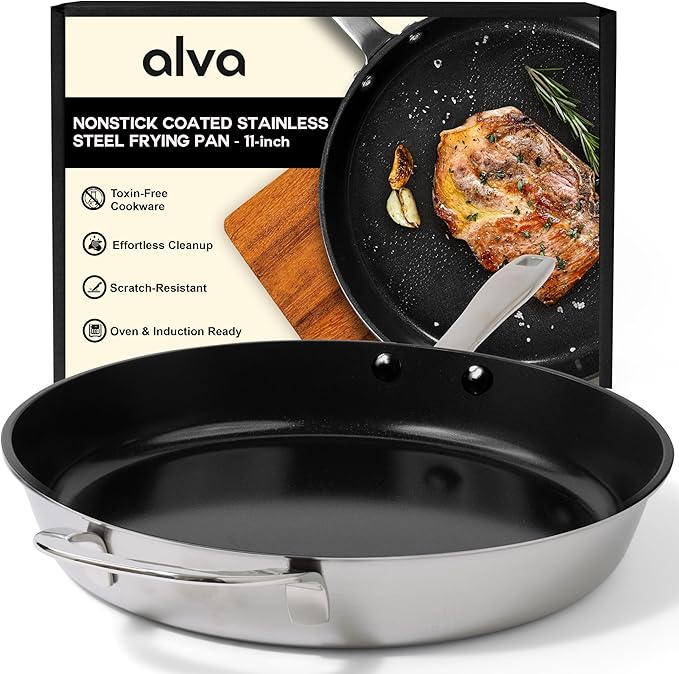 Alva Maestro 11-Inch Stainless Steel Nonstick Frying Pan – Made Without PFAS, PFOA & PTFE Ceramic Coating – Reinforced 5-Ply Aluminum Core, Oven & Induction Safe for Even Heat, Easy to Clean Coating