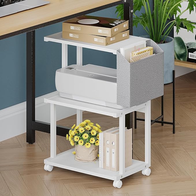 Ostreeful 3 Tier Printer Stand Printer Mobile Wooden Printer Shelf Table Organizer for Home Office Kitchen (Modern White)