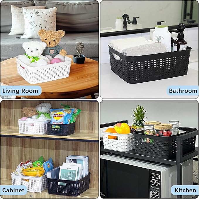 Soddeph Plastic Storage Baskets for Cabinets, Household Pantry Organization with Handle,Organizer Bins for Room,Bathrooms,Under-Sink,Kitchen (Black, S-3PACK)