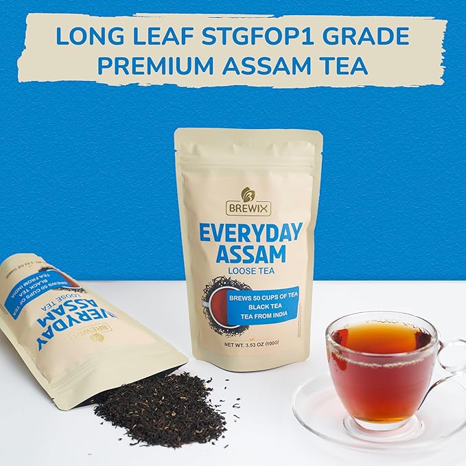BREWIX, Assam Black Tea Leaves (50+ Cups, 3.53oz/100g) High Caffeine Gluten Free | Strong and Malty | Loose Leaf | Resealable Bag | Perfect for Strong Morning Tea