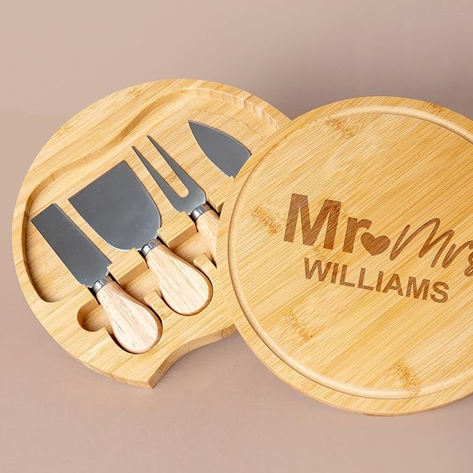 Custom engraved luxury charcuterie board & knife set/4pcs, personalized cheese chopping serving tray for fruits, food, dessert, bread for table decoration, personalized gift for dinner host (Mr & Mrs)