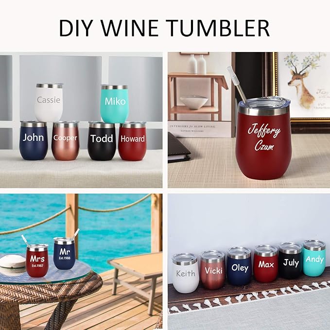 Qtencas 6 Pack Stainless Steel Wine Tumbler Wine Glass, 12 Oz Double Wall Vacuum Insulated Stemless Wine Tumbler with Lid Straw, Set of 6 Cups for Wine, Coffee, Cocktail, Ice Cream, Mix Color