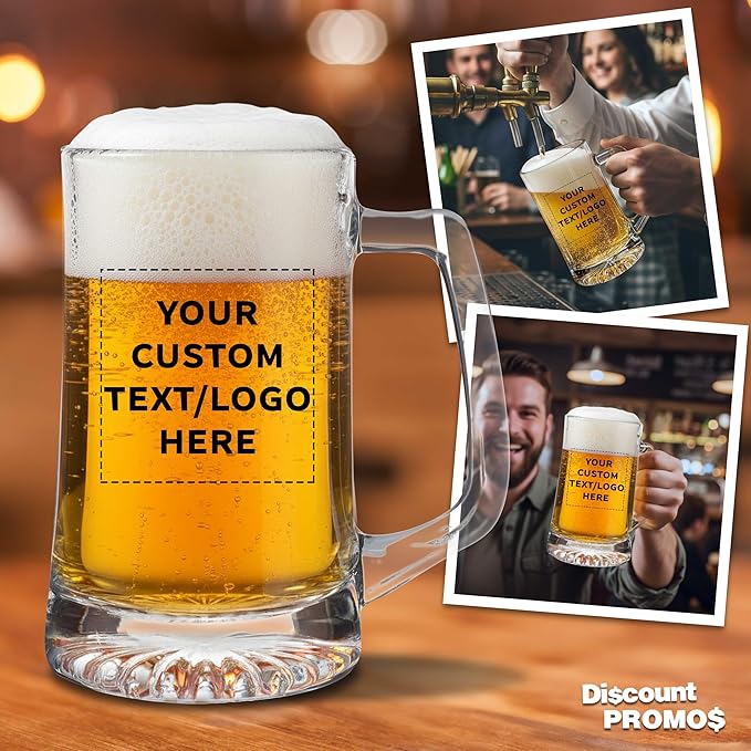 DISCOUNT PROMOS Custom ARC Glass Beer Mugs 25 oz. Set of 6, Personalized Bulk Pack - Great for Octoberfest, Pub, Restaurant - Clear