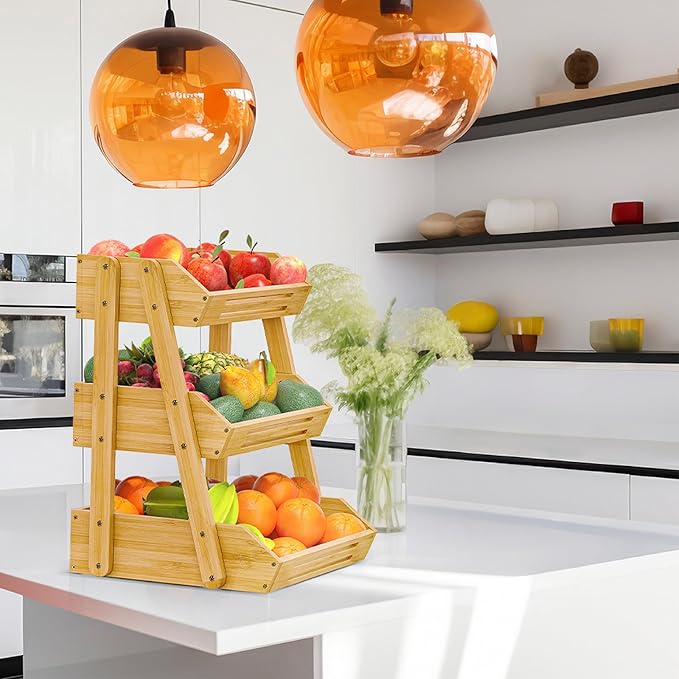 [Upgraded] Bamboo Fruit Basket with 4 Legs, 3-Tier Fruit Stand Storage Holder, Detachable Fruit Bowl for Countertop, Vegetable Holder for Kitchen Counter Organizer, Snack & Bread Storage Basket Stand