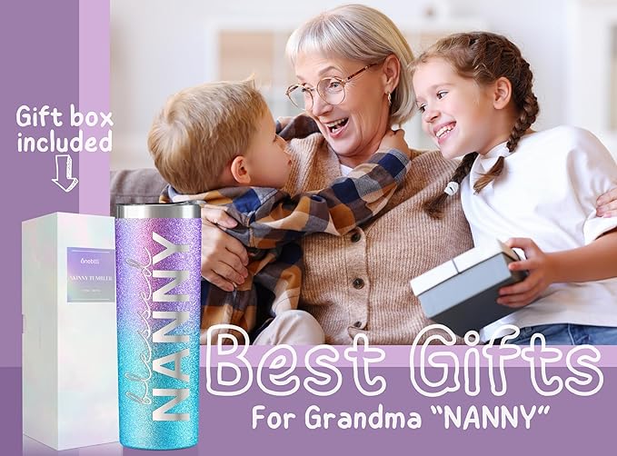 Onebttl Christian Grandma Gifts for Mother's Day, 20oz Purple & Blue Glitter Skinny Tumbler, Straw & Lid Included, Nanny Gifts - Blessed Nanny